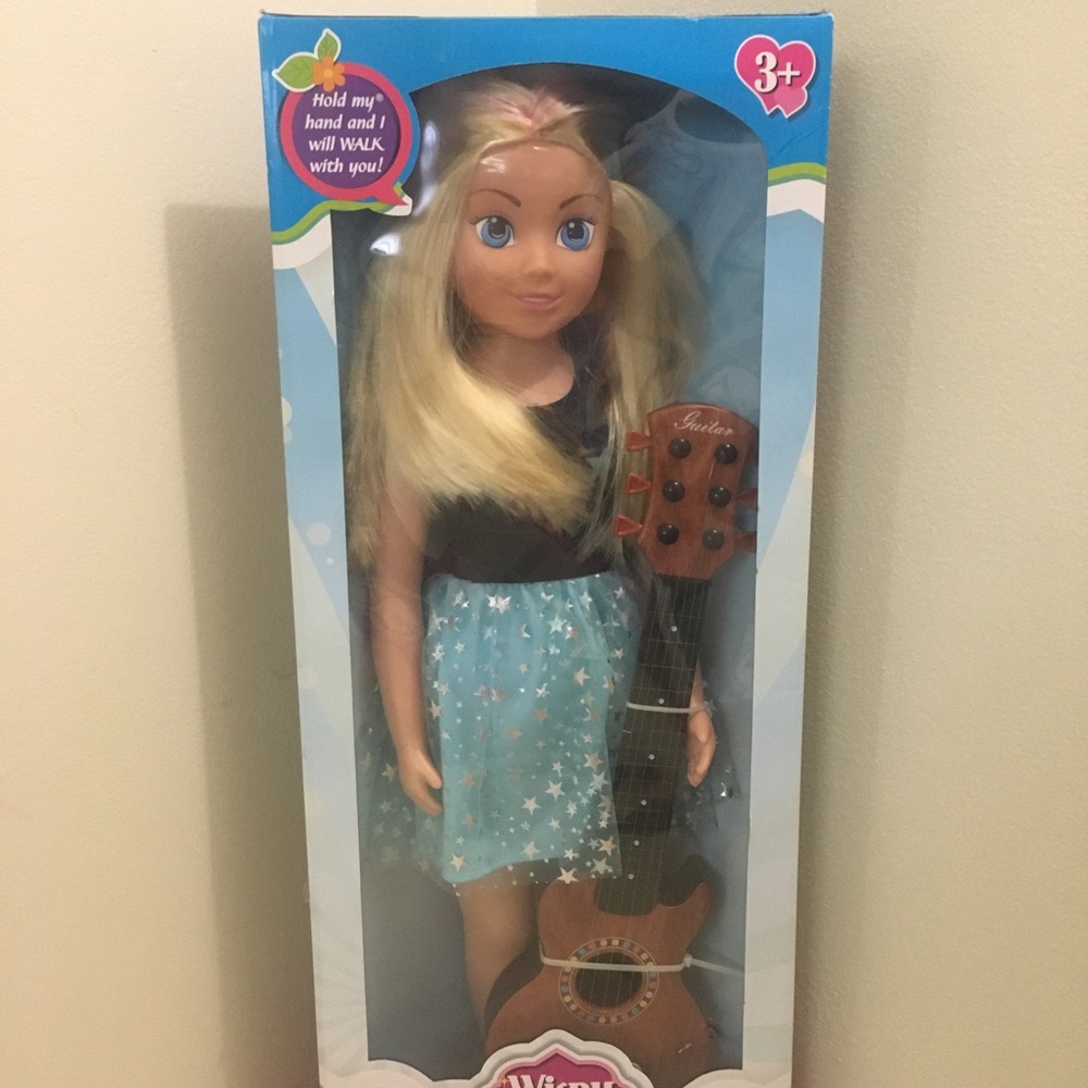 Uneeda Wispy walker doll With Guitar In Box Walks Blonde Dress Doll with Guitar